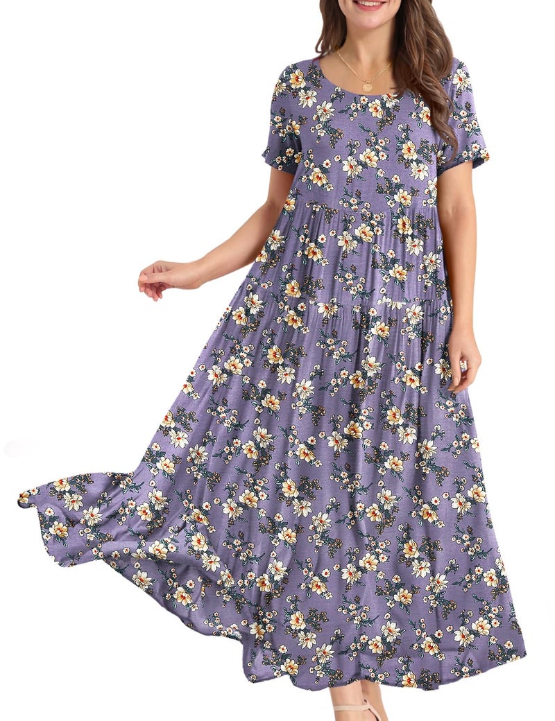 YESNO Women Casual Loose Bohemian Floral Dress with Pockets Short Sleeve Long Maxi Summer Beach Swing Dress 3XL EJF CR08 Purple - Image 1